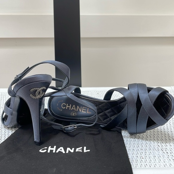 CHANEL embellished blue-grey satin heals sandals size 37 NEW - Picture 1 of 10